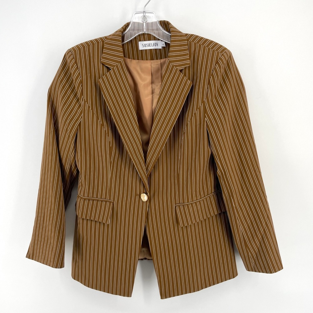 Susielady‎ Brown Pinstripe Single Button Blazer Jacket Womens Large SL095